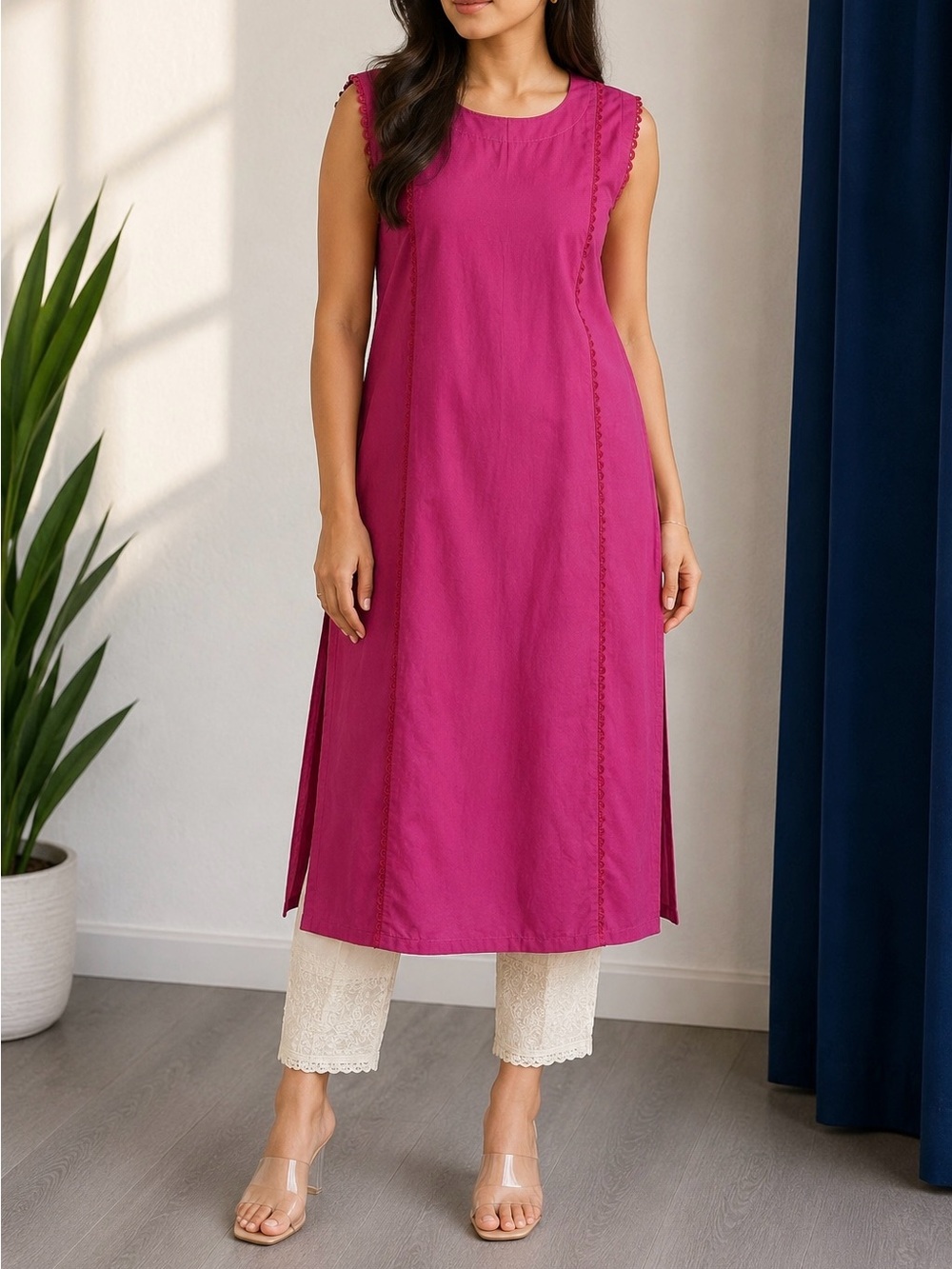 KHAADI Sleeveless Fuchsia Midi Shift Dress